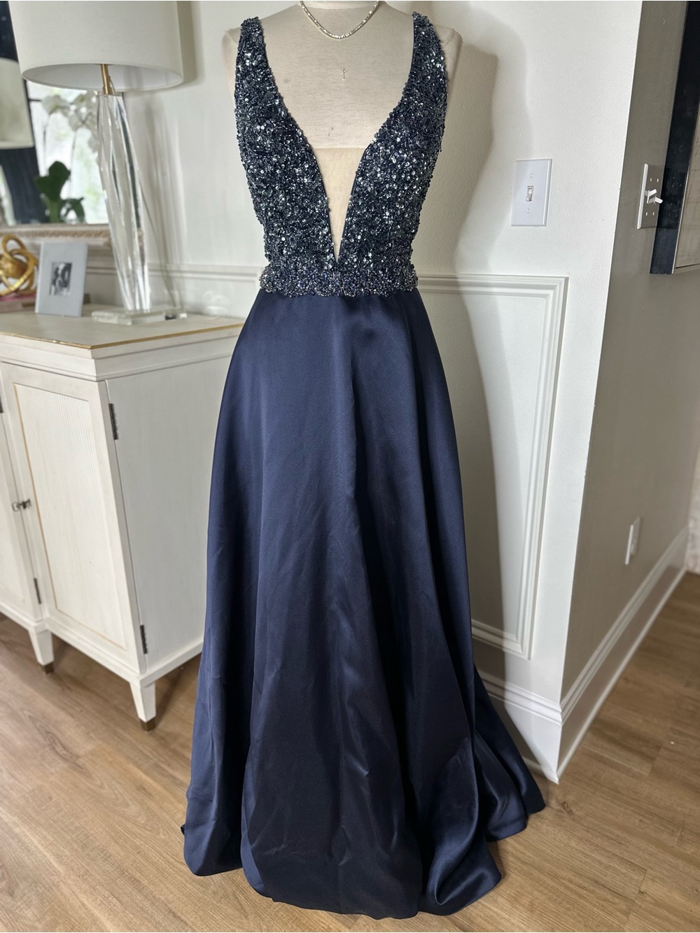 Jovani Navy Beaded Plunge Satin Ball Gown